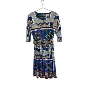Vtg Womens Midi Dress Western 80s Belted Aztec Multicolor Fit to Flare Rodeo XL